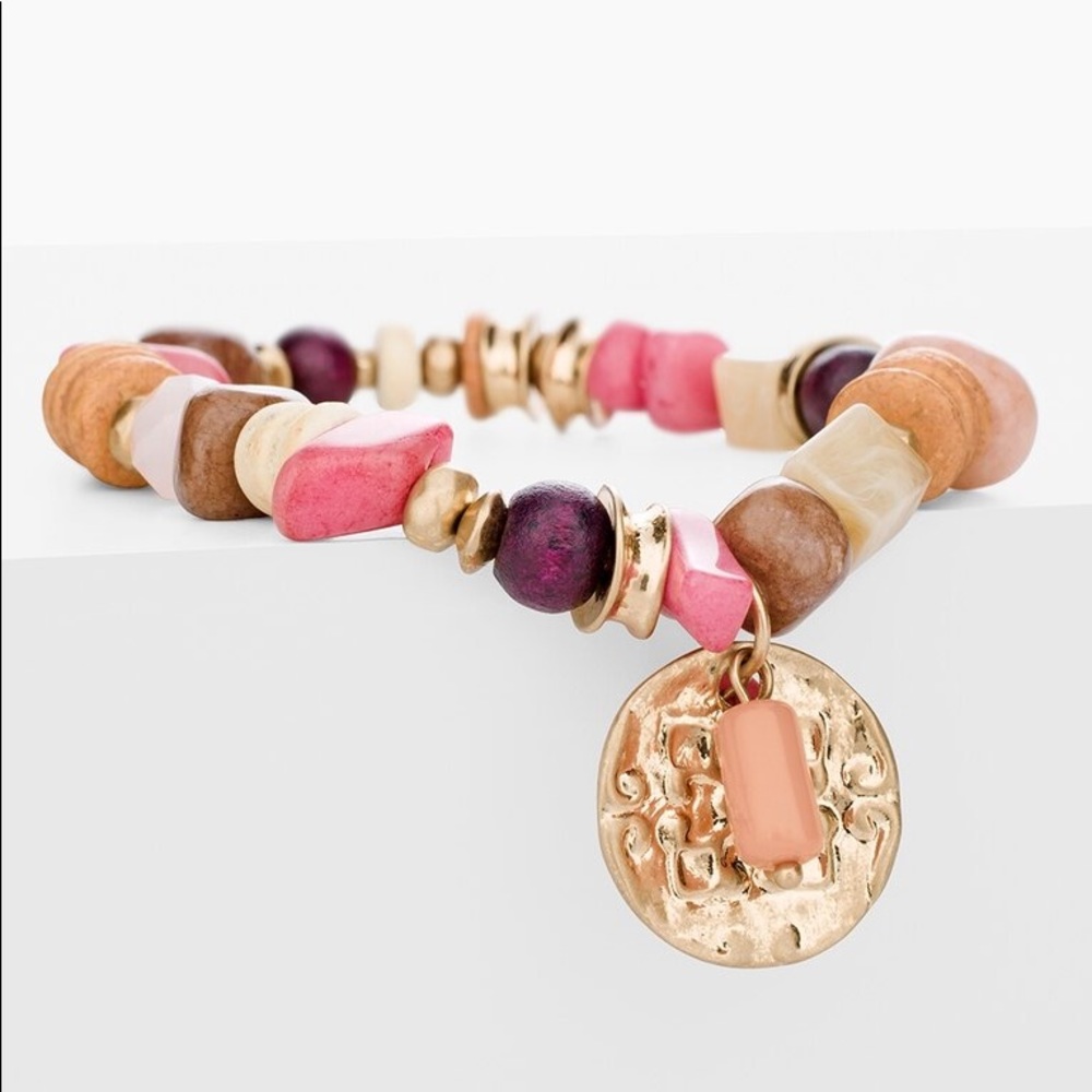 Chico’s Rose Stretch Bracelet Pink Gold Beads NWT